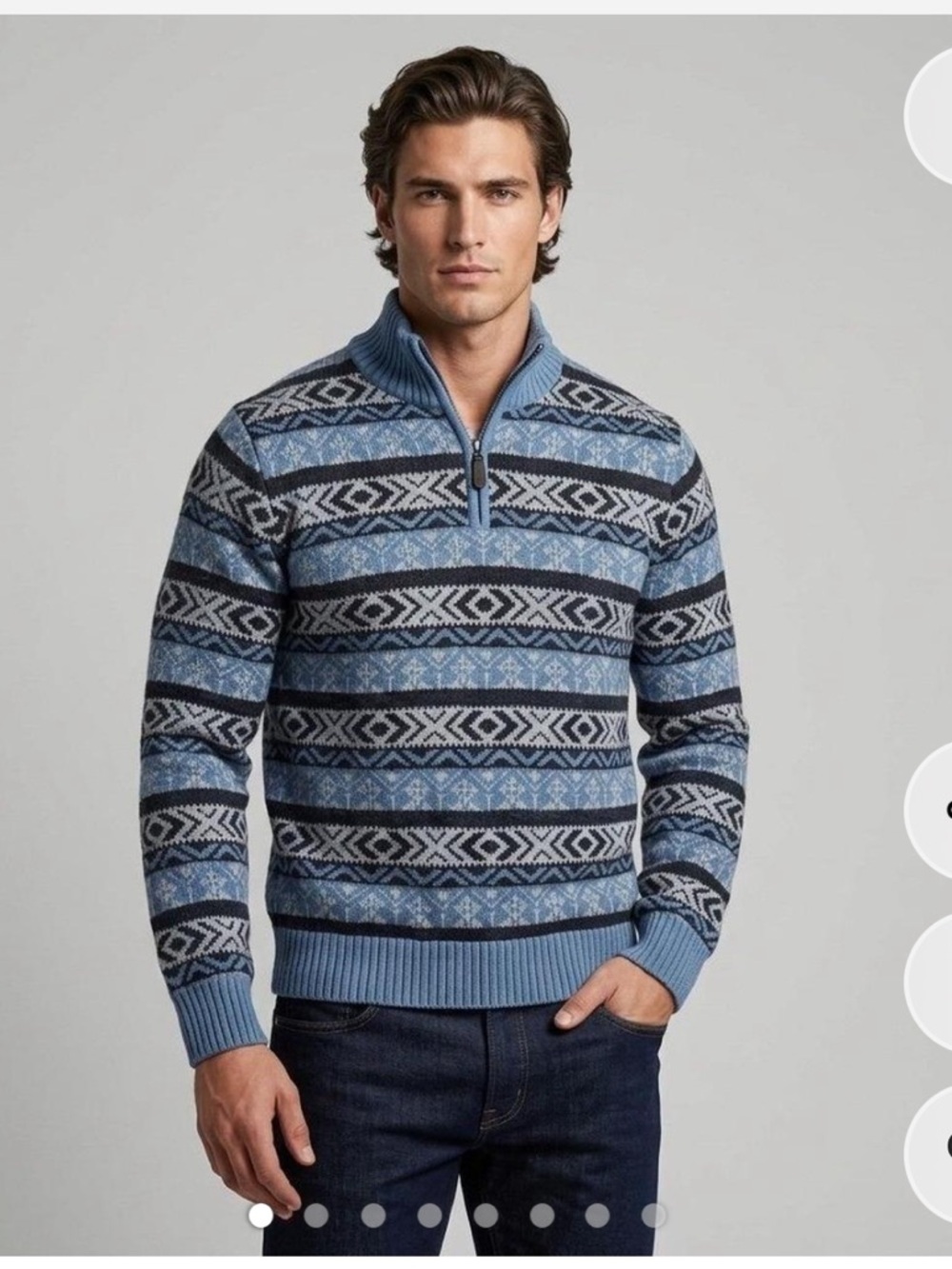 L.L. Bean Men's Blue Fair Isle Zip Sweater Nordic winter vintage 100% cotton
